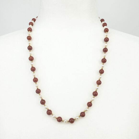 14K Gold Red Jade & Freshwater Pearl 24" Necklace ❤️ - Picture 2 of 12